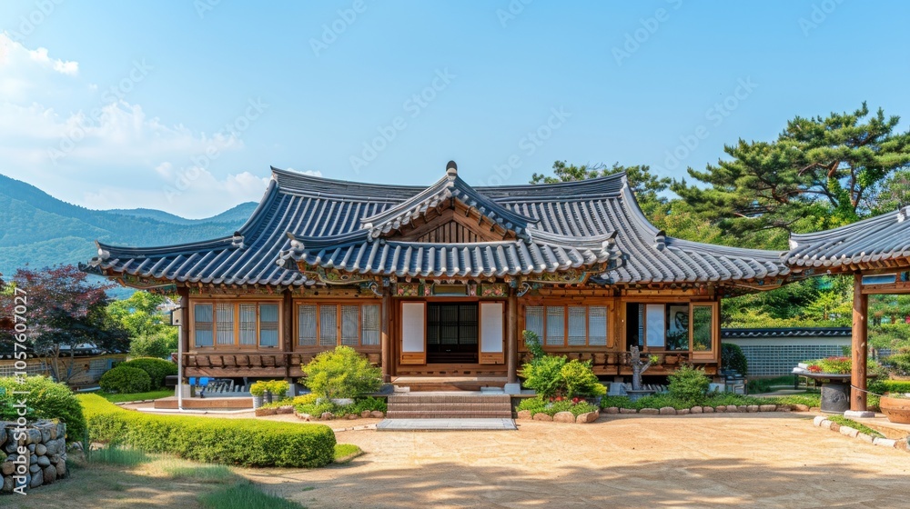 a traditional Korean house that generally consists of one floor and has a tiled roof. The building often has an inner courtyard, which is surrounded by the main building and a boundary wall.
