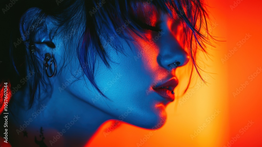 Profile shot of a woman illuminated by vibrant blue and orange lights. Profile shot of a woman illuminated by vibrant blue and orange lights.