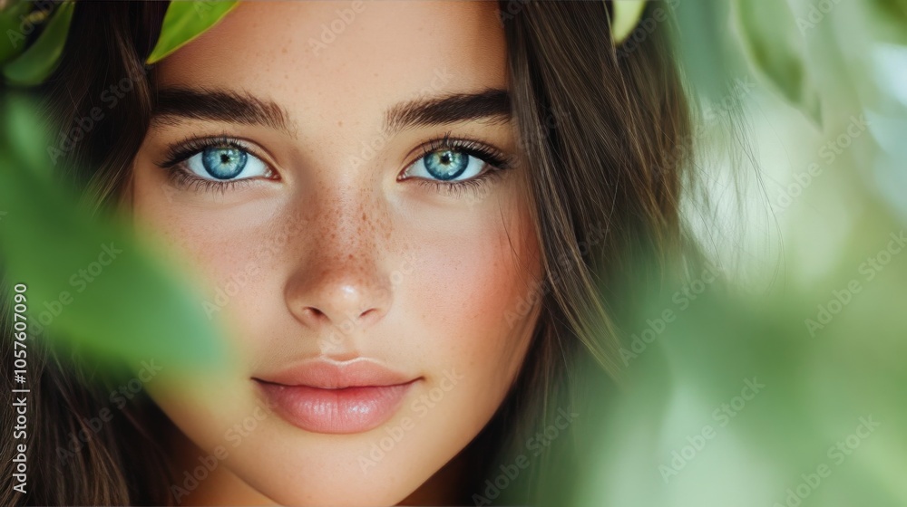 Close up portrait of a young woman with blue eyes framed by green leaves in natural light Close up portrait of a young woman with blue eyes framed by green leaves in natural light