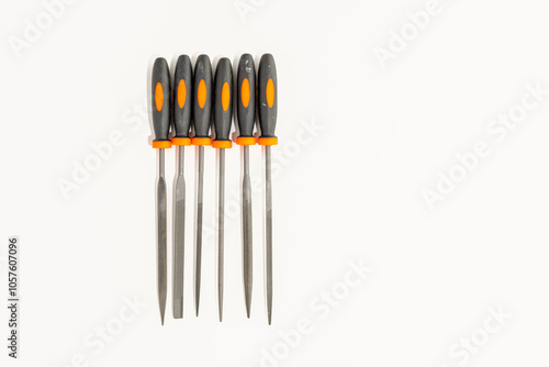 set of woodworking and metalwork rasps files for smoothing and shaping  isolated on a white background photo