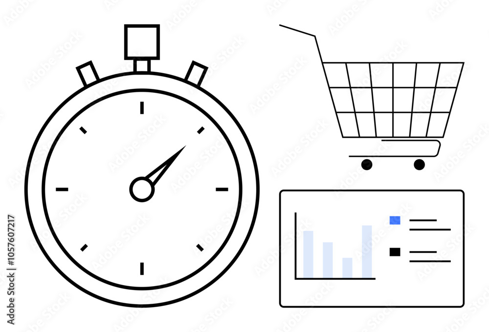 Stopwatch, shopping cart, and bar graph highlight time management, e-commerce, and performance analytics. Ideal for business strategy, time management, e-commerce, performance tracking, efficiency Stopwatch, shopping cart, and bar graph highlight time management, e-commerce, and performance analytics. Ideal for business strategy, time management, e-commerce, performance tracking, efficiency