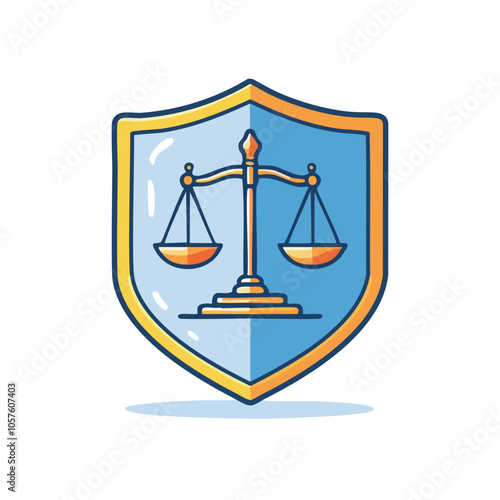 Justice shield emblem. Scales of justice inside a protective shield.  Symbolizes fairness, law, and security.