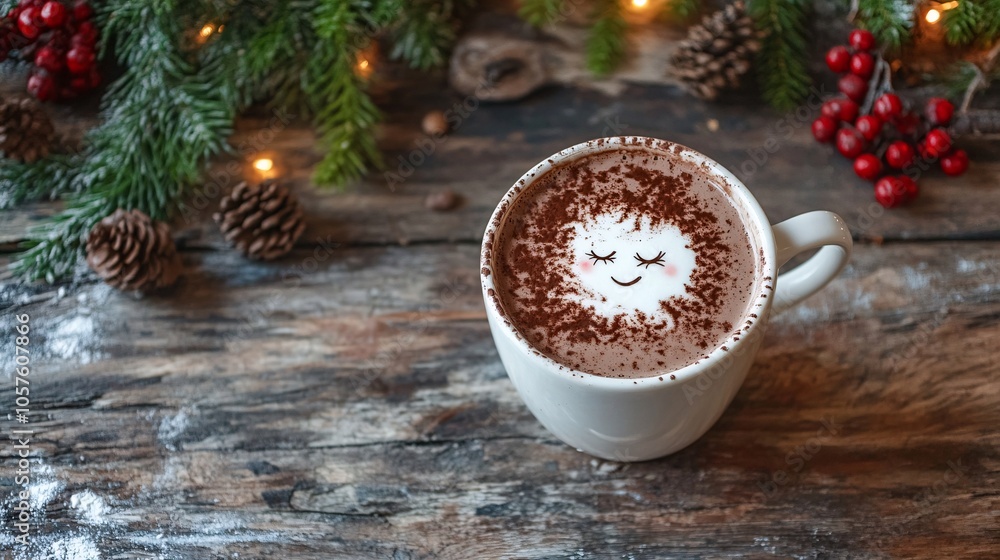 A cozy cup of hot chocolate with a smiling foam design, surrounded by festive decorations and pine cones on a rustic wooden table. A cozy cup of hot chocolate with a smiling foam design, surrounded by festive decorations and pine cones on a rustic wooden table.