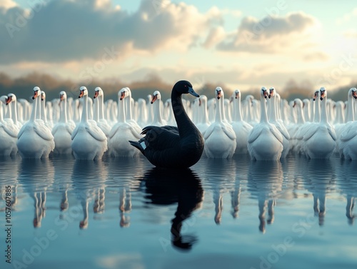 Fototapeta Naklejka Na Ścianę i Meble -  Black swan swimming among many white swans on a lake, creating a striking visual contrast and symbolizing individuality, uniqueness, and standing out from the crowd