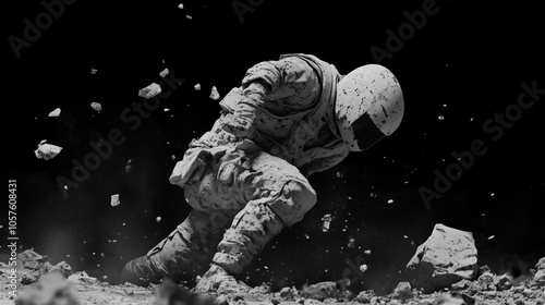 Astronaut in a spacesuit is stumbling and falling on the surface of an asteroid during a spacewalk, surrounded by dust and debris, highlighting the dangers of space exploration photo