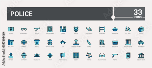 Police colorful thin line icon set. Featuring nailing, set, justice, line, authority, courthouse and more. Thin linear style icons. Editable vector stroke.