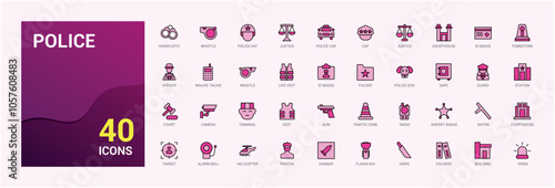 Police colorful thin line icon set. Featuring nailing, set, justice, line, authority, courthouse and more. Thin linear style icons. Editable vector stroke.