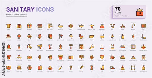 Sanitary colorful line icons set. Featuring household, bathroom, washroom, plumbing, shower, toilet, bath, fittings. Outline icon collections. Vector illustration.