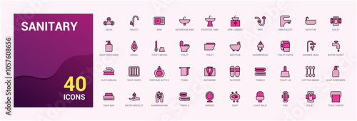 Sanitary colorful line icons set. Featuring household, bathroom, washroom, plumbing, shower, toilet, bath, fittings. Outline icon collections. Vector illustration.