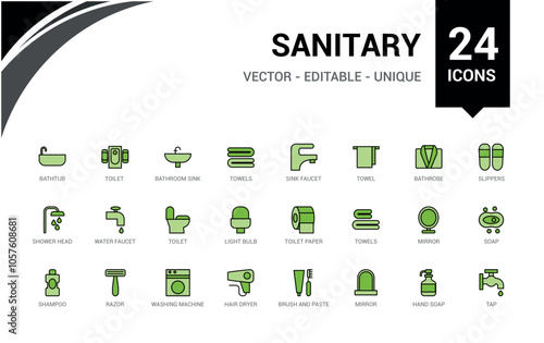 Sanitary colorful line icons set. Featuring household, bathroom, washroom, plumbing, shower, toilet, bath, fittings. Outline icon collections. Vector illustration.