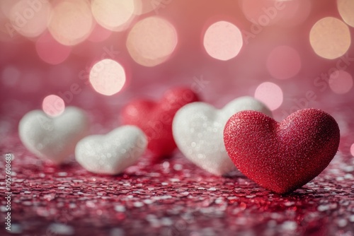 Red and white hearts adorned with glitter placed on confetti during a festive...