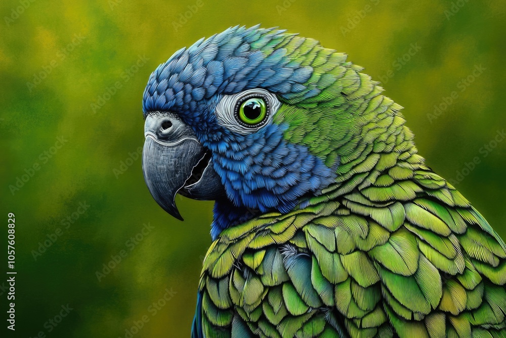 Fototapeta premium Blue naped parrot portrait with green background. Also known as Luzon parrot.