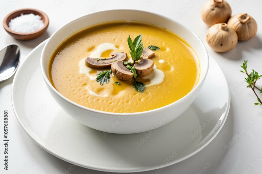 Creamy pumpkin soup with mushrooms and herb garnish on white table setting for autumn comfort dining. Creamy pumpkin soup with mushrooms and herb garnish on white table setting for autumn comfort dining.