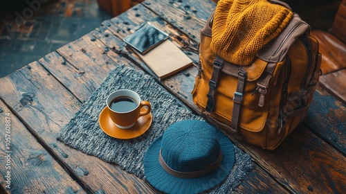 Stylish yellow backpack and coffee cup on a rustic blue wooden table