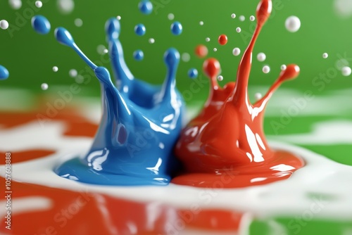 Bright blue and red splashes on a vibrant green and white backdrop during cre...