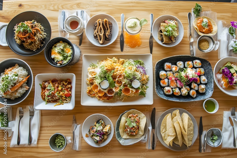 Japanese cuisine, sashimi, sushi and a sushi with soy sauce, wasabi and chopsticks around, sushi rolls and seafood on the table Japanese cuisine, sashimi, sushi and a sushi with soy sauce, wasabi and chopsticks around, sushi rolls and seafood on the table