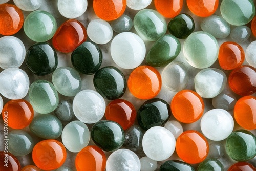 Colorful assortment of smooth pebbles and stones arranged on a flat surface i...