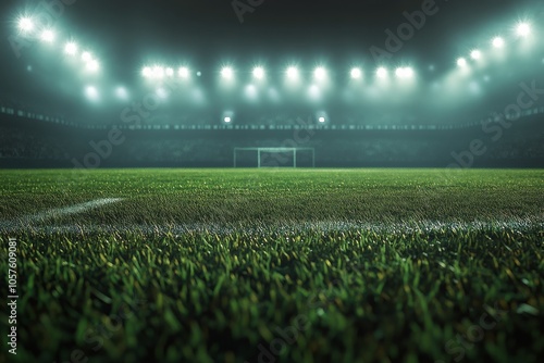 Evening view of a well lit soccer field with goalposts in a city park at night