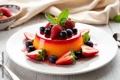 Fresh berry dessert with strawberry and blueberry garnish on white wooden table - ideal for summer gatherings and culinary inspiration.