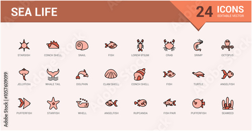 Sea Life colorful line icon collections. Contains such icons as fishing, swim, crab, jelly fish, finger coral and more. Minimalist thin linear icon. Editable vector icon and illustration.