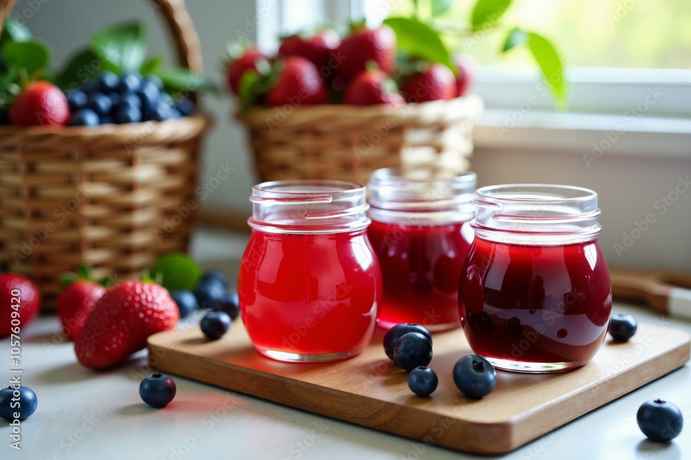 Refreshing summer berry beverage with fresh strawberries and blueberries in sunlit kitchen. Refreshing summer berry beverage with fresh strawberries and blueberries in sunlit kitchen.