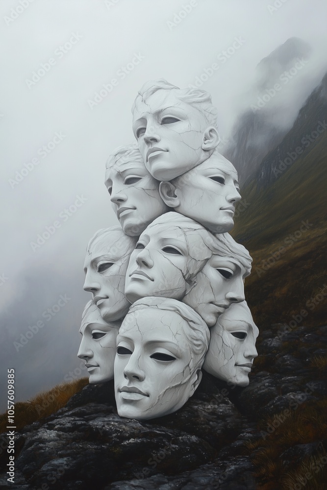 Fototapeta premium Many cracked white marble masks with different faces are stacked on a rock in a misty mountain landscape, creating a surreal and mysterious atmosphere