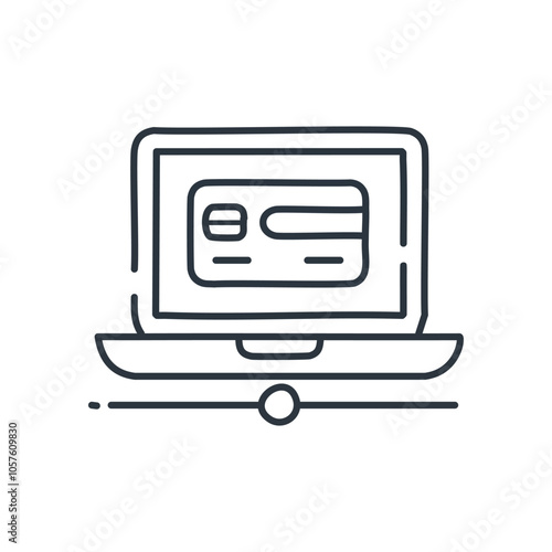Online payment gateway. Secure digital transaction; laptop screen displays credit card for online purchase.  Represents ease and safety of e-commerce.