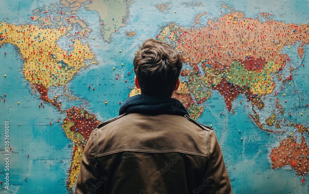 Obraz premium A person gazes at a colorful world map adorned with pins, symbolizing travel and exploration.