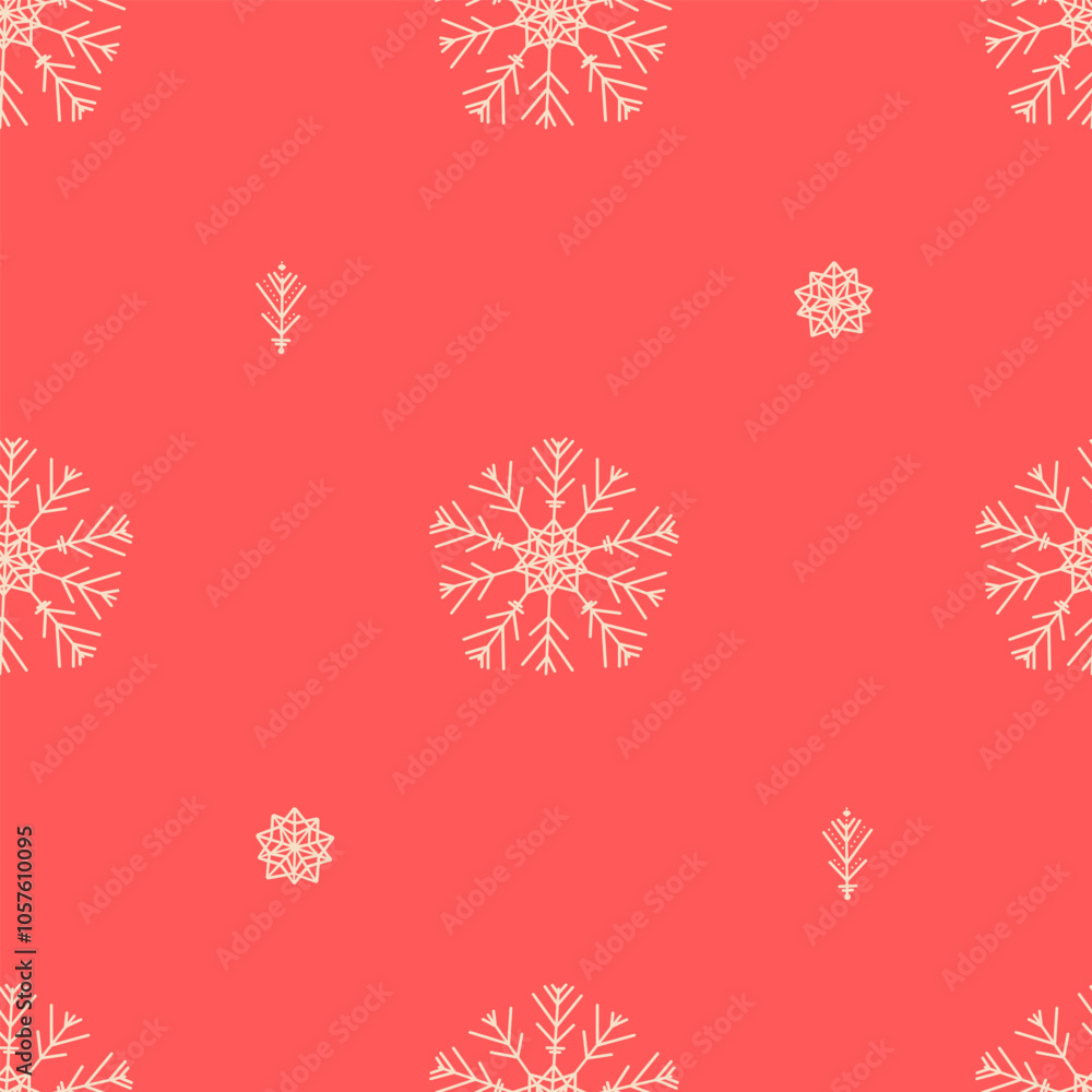 Seamless Christmas pattern with snowflakes on a red background. Festive winter background. Cute winter vacation background. Vector flat design for textiles, fabrics, covers, wrapping paper, wallpaper, Seamless Christmas pattern with snowflakes on a red background. Festive winter background. Cute winter vacation background. Vector flat design for textiles, fabrics, covers, wrapping paper, wallpaper,