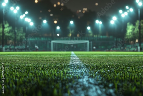 Evening view of a well lit soccer field with goalposts in a city park at night