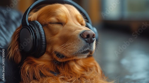 Serene golden retriever enjoys music through headphones, eyes closed in peaceful relaxation, showcasing the calming effect of sound on animals photo