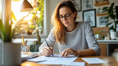 Ambition Young Women Setting Life Goals in Stylish Home Office with Vision Boards and Motivational Quotes, Morning Reflection