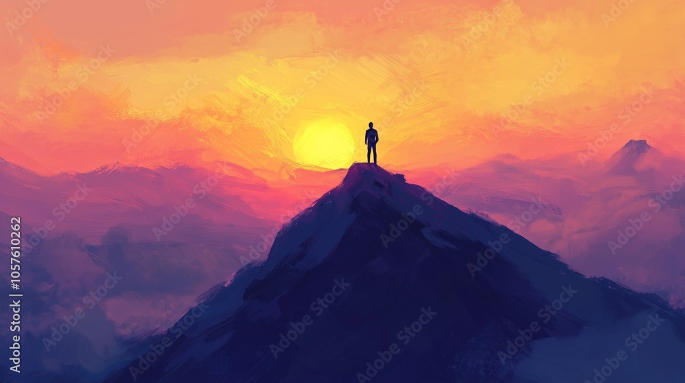 Businessman stands triumphantly on a mountain peak, silhouetted against a vibrant sunset, symbolizing achievement, success, and overcoming challenges in business and life Businessman stands triumphantly on a mountain peak, silhouetted against a vibrant sunset, symbolizing achievement, success, and overcoming challenges in business and life