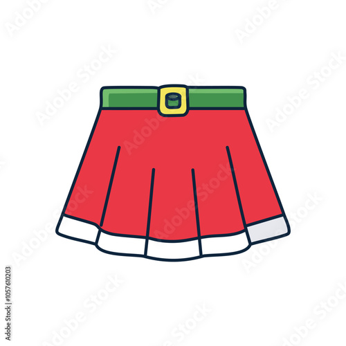 Festive red mini skirt. Christmas attire, playful design, red pleated skirt with green belt. Symbolizes holiday cheer and festive spirit.