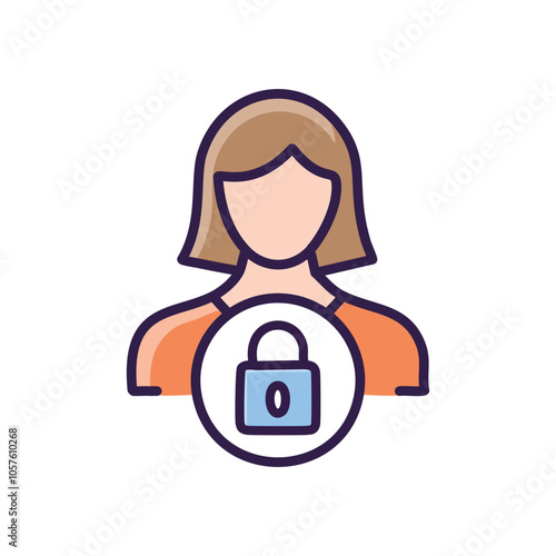 Secure profile, woman safety. Female user profile secured.  Privacy, protection, safety symbol. Represents online security.