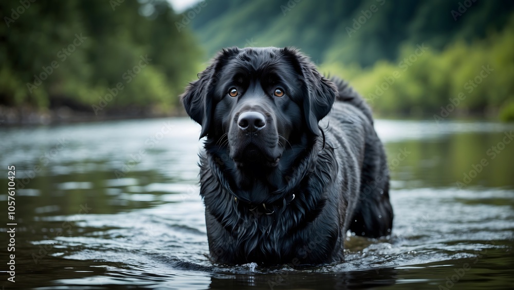 Curious Newfoundland Dog Wading in Tranquil River Curious Newfoundland Dog Wading in Tranquil River