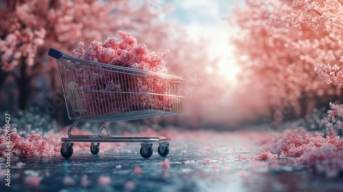 A shopping cart filled with cherry blossom petals amidst a serene park in spr...