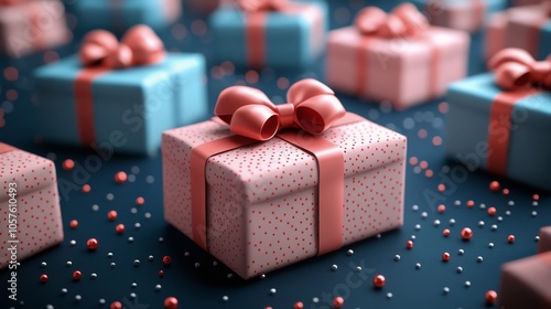 Colorful wrapped gifts with bows arranged on a table for a festive celebratio...