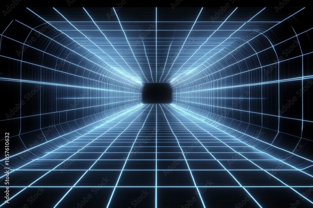 Digital representation of a blue vortex tunnel with glowing grid patterns in a dark space