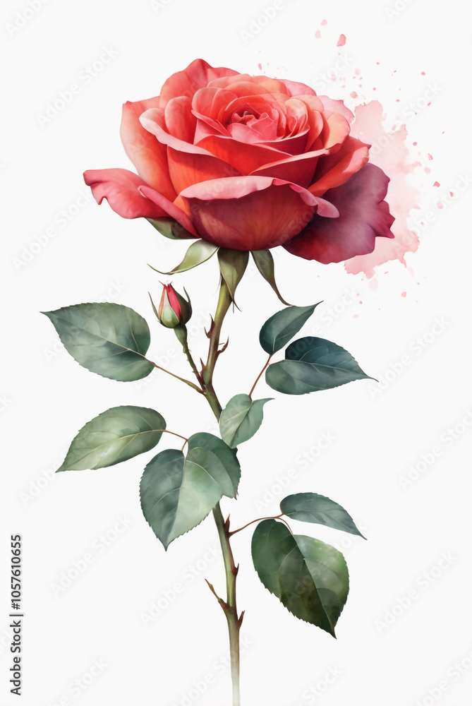 A watercolor painting of a red rose with leaves and buds A watercolor painting of a red rose with leaves and buds