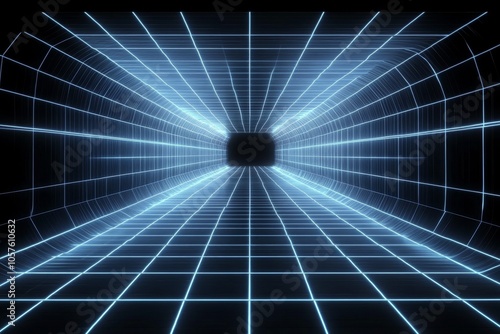 Digital representation of a blue vortex tunnel with glowing grid patterns in ...