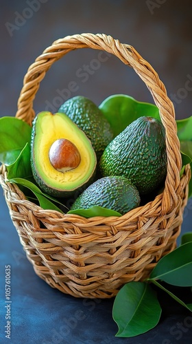 Fresh avocados displayed in a woven bowl surrounded by green leaves on a text...