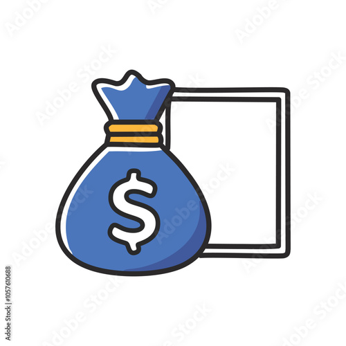 Money bag icon finance. Financial wealth, riches, prosperity concept.  Blue money bag near a frame symbolizes opportunity.