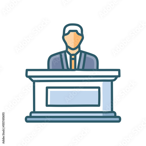 Speaker at podium. Businessperson presenting, conveying information, announcement, speech, lecture, address. Authority, expertise.