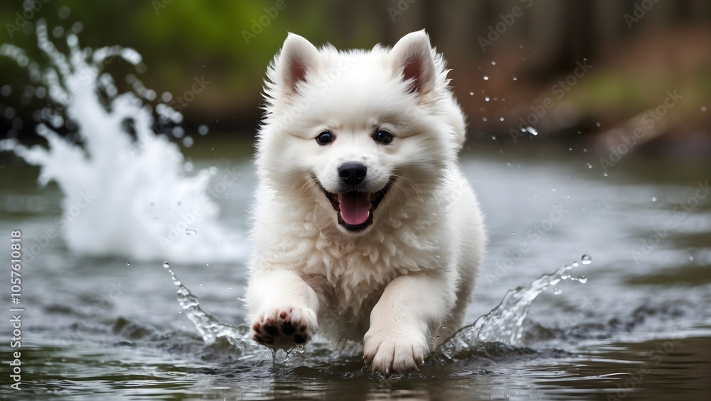 Playful Samoyed Puppy Splashing in River Water Playful Samoyed Puppy Splashing in River Water