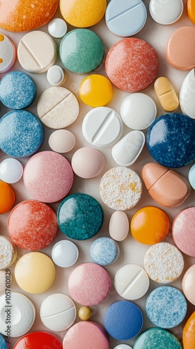 Collection of colorful pills and tablets arranged neatly on a flat surface in...