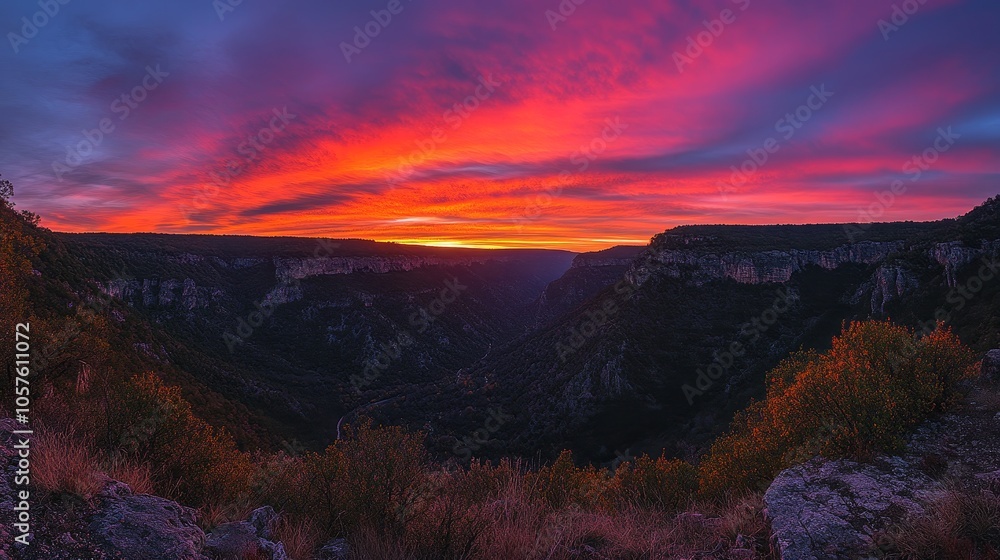 Fototapeta premium A breathtaking sunset over a canyon, showcasing vibrant colors and dramatic cloud formations.