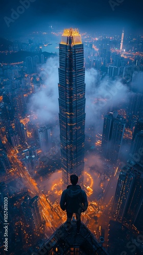 Businessman stands on the rooftop of a skyscraper at night  contemplating the illuminated cityscape and low clouds  showcasing ambition  success  and leadership