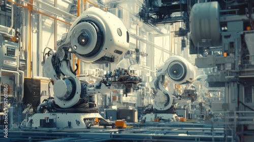 Industrial robots assembling parts on a high-tech factory