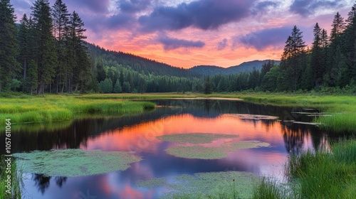 A serene landscape at sunset, featuring a tranquil lake surrounded by trees and mountains.